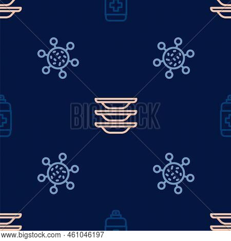 Set Line Antibacterial Soap, Bacteria And Washing Dishes On Seamless Pattern. Vector