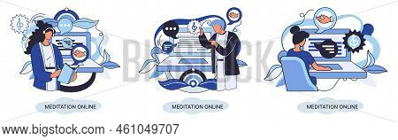 Meditation Online Metaphor. Classes On Laptop, Practicing Yoga, Mental Exercises. Live Stream, Inter
