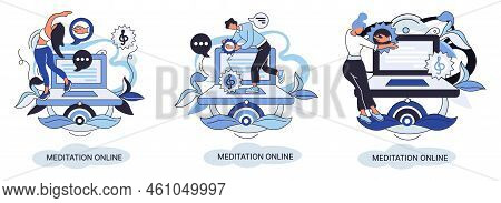 Meditation Online Metaphor. Classes On Laptop, Practicing Yoga, Mental Exercises. Live Stream, Inter