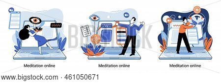 Meditation Online Metaphor. Classes On Laptop, Practicing Yoga, Mental Exercises. Live Stream, Inter