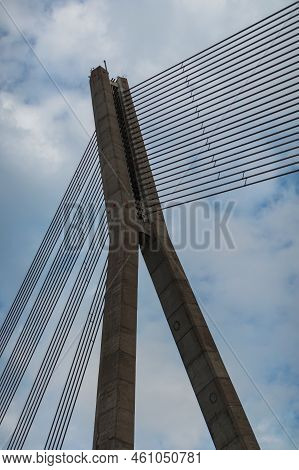 Cable-stayed Bridge Mast And Cables On Sky Background.