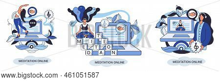 Meditation Online. Classes Laptop, Practicing Yoga, Mental Exercises Metaphor. Live Stream, Internet