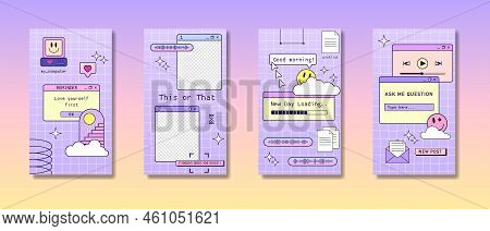 Cool Stories Or Post Template, Retro Browser Computer Window In 90s Vaporwave With Geek Stickers. Y2