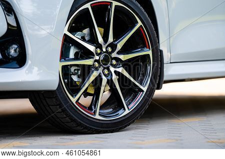 Sports Car Wheels, Low Profile Tires On Aluminum Rims, Close-up, Selective Focus