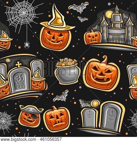 Vector Halloween Seamless Pattern, Repeating Background With Set Of Cut Out Illustrations Of Variety