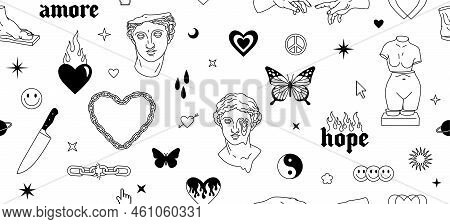 Tattoo Art 1990s, 2000s. Y2k Seamless Pattern. Butterfly, Fire, Flame, Chain, Heart, Greek Statue.