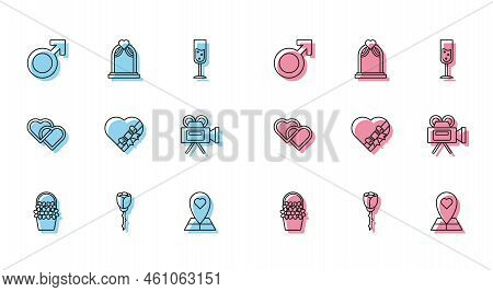 Set Line Flowers In A Basket, Rose, Male Gender Symbol, Map Pointer With Heart, Candy Shaped Box And