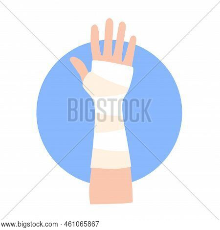 Elastic Bandage On Human Arm. Medical Gauze Wrapping Over An Wrist. Broken Or Injured Joint, Spraine