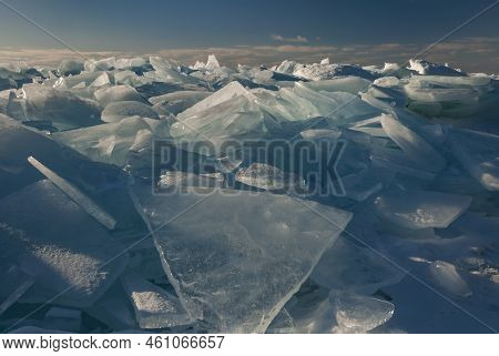 An Ice Shove On The Green Bay, Lake Michigan, Peninsula State Park Shore Glows In Late Afternoon Lig
