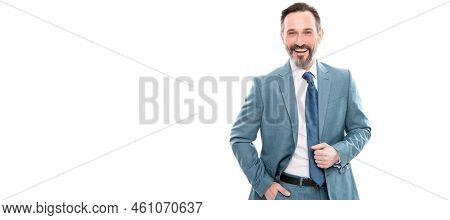 Happy Mature Grizzled Boss In Businesslike Suit Isolated On White, Formalwear. Man Face Portrait, Ba
