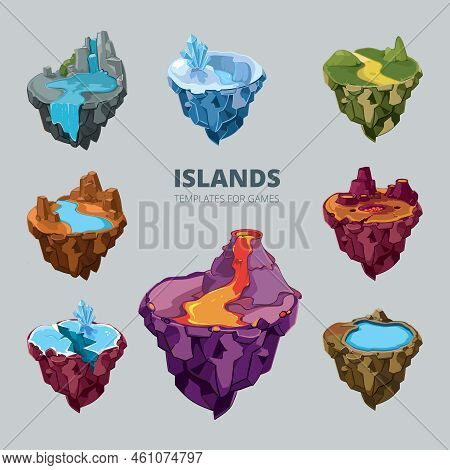 Isometric 3d Set Of Flying Islands. Landscape Cartoon Nature, Land Fantasy, Rock And Ground And Moun
