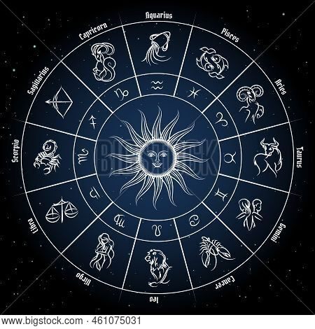 Zodiac Circle With Horoscope Signs. Fish Pisces Scorpio Aquarius Zodiak Aries Virgo. Vector Illustra