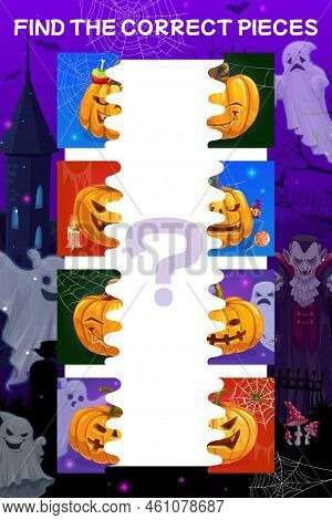 Find The Correct Half Piece Of Halloween Pumpkin. Piece Connect Puzzle Or Kids Game Vector Worksheet