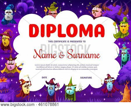 Kids Diploma. Cartoon Vitamin Wizard, Mage Characters On Night Meadow. Child Graduation Vector Diplo