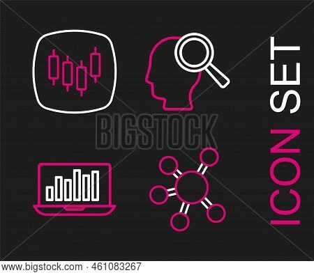 Set Line Project Team Base, Laptop With Graph Chart, Search People And Browser Stocks Market Icon. V