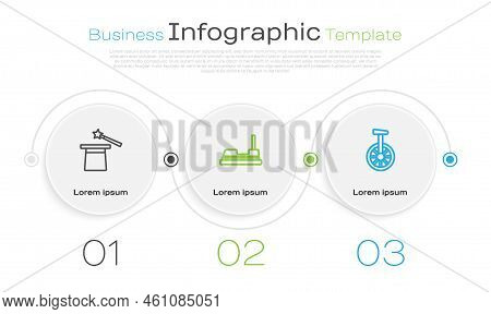 Set Line Magic Hat And Wand, Bumper Car And Unicycle Or One Wheel Bicycle. Business Infographic Temp