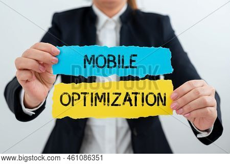 Conceptual Caption Mobile Optimization. Business Approach Site Content Reformatted For Handheld Or T