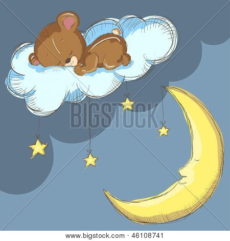 Urso dormir sobre uma nuvem com lua e estrelas