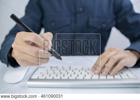 Businessman Work From Home Handling Documents E-signing, Signing Digital Contracts Electronic Signin