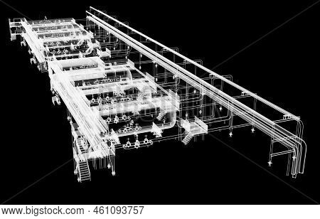 Industrial Equipment. X-ray 3d Illustration On Black Background. Non-destructive Testing Concept