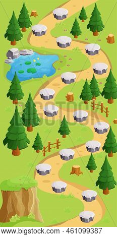 Game Map Forest Gui Background, Template In Cartoon Style, Casual Isometric View. Decorated With Sto