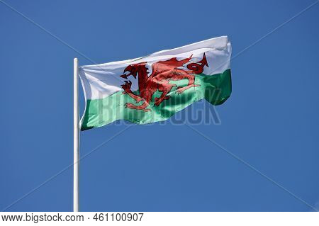 Wales Flag - Red Dragon Passant On White And Green - Bold And Proud Floating In The Wind Against Blu