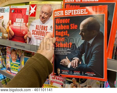 Berlin, Germany - Apr 23, 2022: Der Spiegel Latest Newspaper Featuring Olaf Olaf Scholz And Title - 