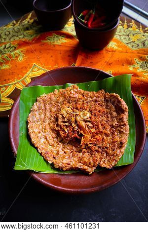 Kerak Telor Or Egg Crust. Kerak Telor Is Spicy Glutinous Rice Omelette With Grated Coconut. Made Fro