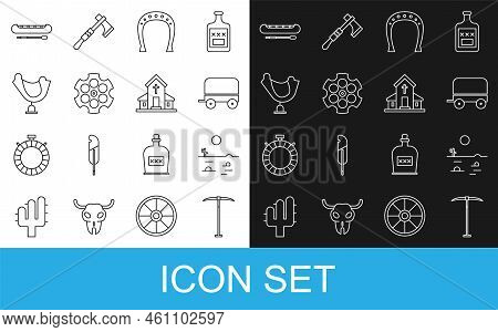 Set Line Pickaxe, Desert Landscape With Cactus, Wild West Covered Wagon, Horseshoe, Revolver Cylinde