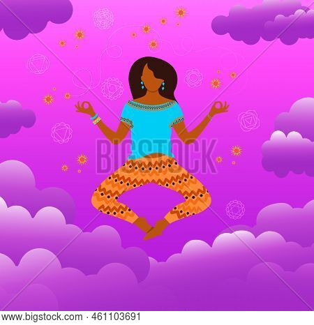 Young Yogi Woman Practicing Yoga And Meditation On Sky Background With Clouds.