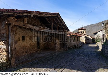 Barcena Mayor, Spain - January 16, 2022: Beautiful Village Of Barcena Mayor With The Traditional Sto