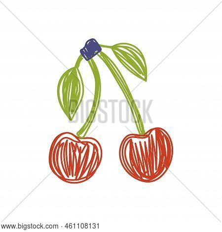Chery Fruit Sketch. Color Vector Illustration. Pen Or Marker Doodle Drawing.