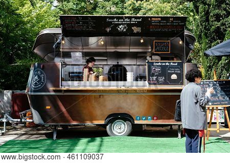 Madrid, Spain - June 9, 2018: Food Truck In The Old Train Station Of Delicias