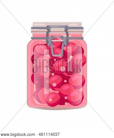 Glass Jar With Clip Or Bugle Lock. Home Canning Fruit Or Berry Compote Conserve Food Flat Vector Ill