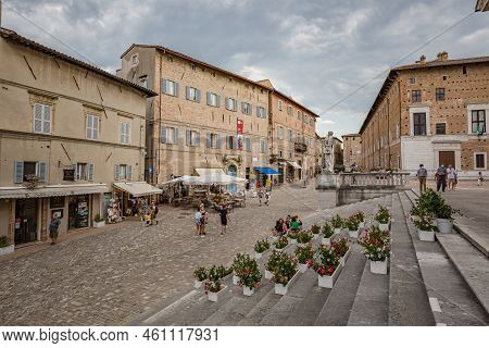 Urbino, Marche, Italy - July 2021: In Renaissance Square Near Cathedral (italian: Duomo Di Urbino, C