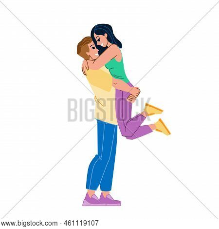 Couple Hugging Vector. Love Man, Hug Happy Woman, Romantic People, Young Romance, Home Together Coup