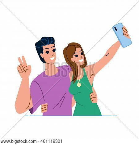 Couple Selfie Vector. Happy Man, Young Woman, Love Fun, Lifestyle Summer, Portrait Girl, Travel Vaca