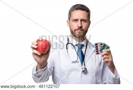 Apple Fructose. Nutritionist With Fructose. Man Recommend Fructose Isolated On White