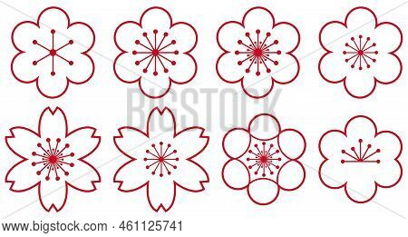 Plum Line Blossom Icons. Vector Illustration Isolated On White Background