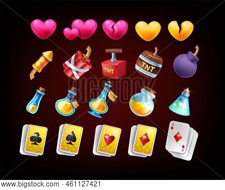 3d Game Icon Set, Vector Casino Slot Object, Level Up Award Assets, Cartoon Magic Potion Vial, Bomb.