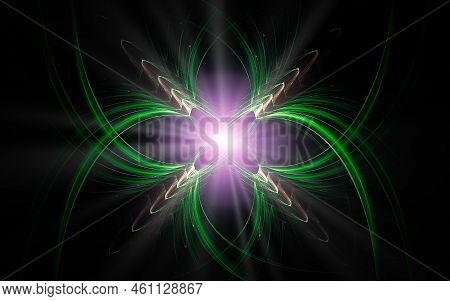 Abstract Illustration Of A Computer Generated Fantastic Flower Of Various Shapes And Shades On A Bla