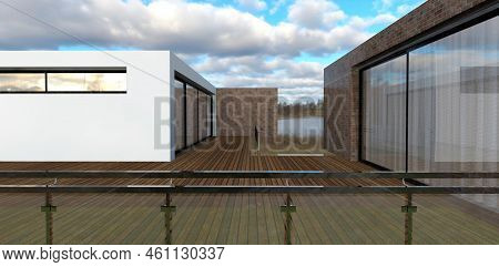 Terrace With A Wooden Covering On The Roof Of A Cozy Country House On The Shore Of The Estuary. Larg
