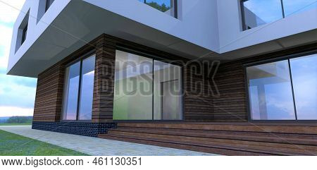 Wooden Steps Of The Terrace Of A Designer Country House. Large Reflective Windows. Black Brick Plint