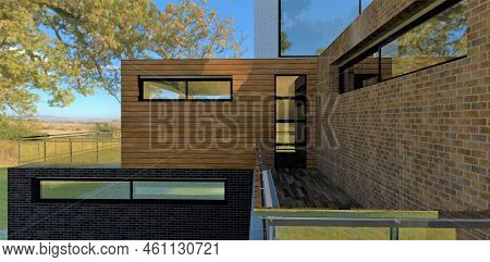 The Contemporary Country House Balcony Design. Glass Fence. Wall Finishing Is Old Brick And Wood. Te