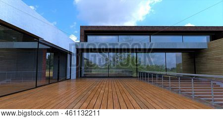 Luxurious Lacquered Wooden Terrace. Lots Of Space And Luxurious Mirrored Windows. Wide Stone Stairca