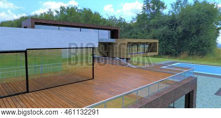 Wooden Terrace Of A Luxurious Country House With A Swimming Pool. Fencing Made Of Glass Panels And M