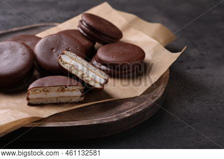 Tasty Choco Pies On Grey Table. Snack Cakes