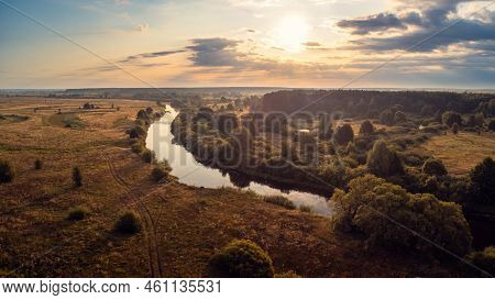 Bright Morning On River Snov, Chernihiv Regiron, Ukraine. Drone Landscape Of River Going In The Coun