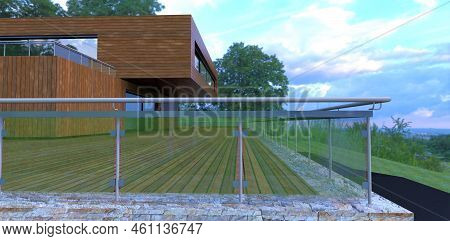Glass Panel Railing With Steel Framing Around A Wood Covered Terrace. Modern Private House. Wall Dec