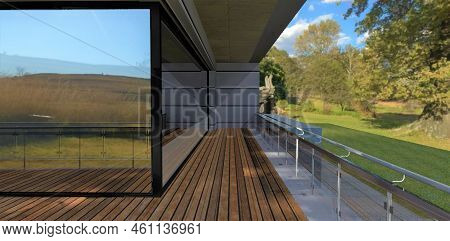 Advanced Design Of A Modern Wooden Decked Balcony. Glass Panel Fence. Wall Decoration Aluminum Panel